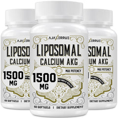 AJAXERRUE Liposomal Calcium AKG bottle front highlights 180 softgels for daily vitality.