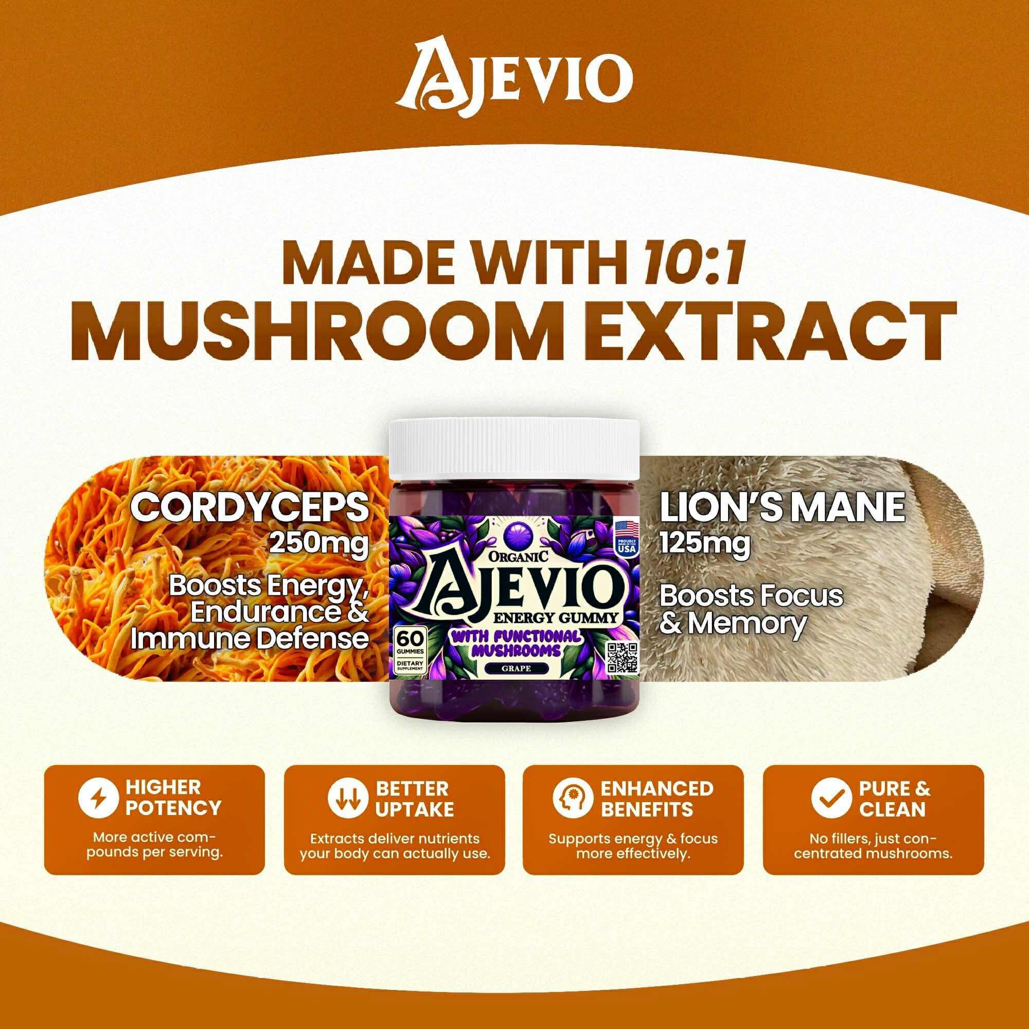 Ajevio gummy close-up showing chewy texture and earthy flavor.