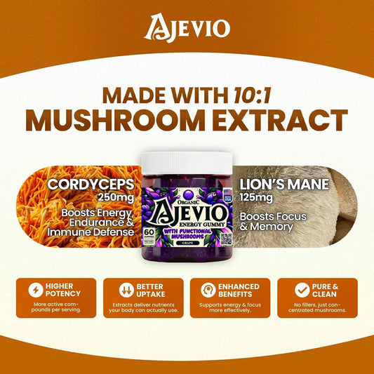 Ajevio gummy close-up showing chewy texture and earthy flavor.