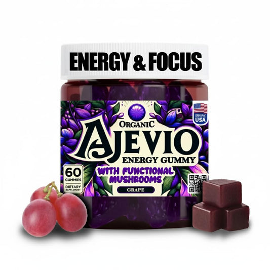 Ajevio Mushroom Focus & Energy Gummies bottle on a desk for daily focus support.