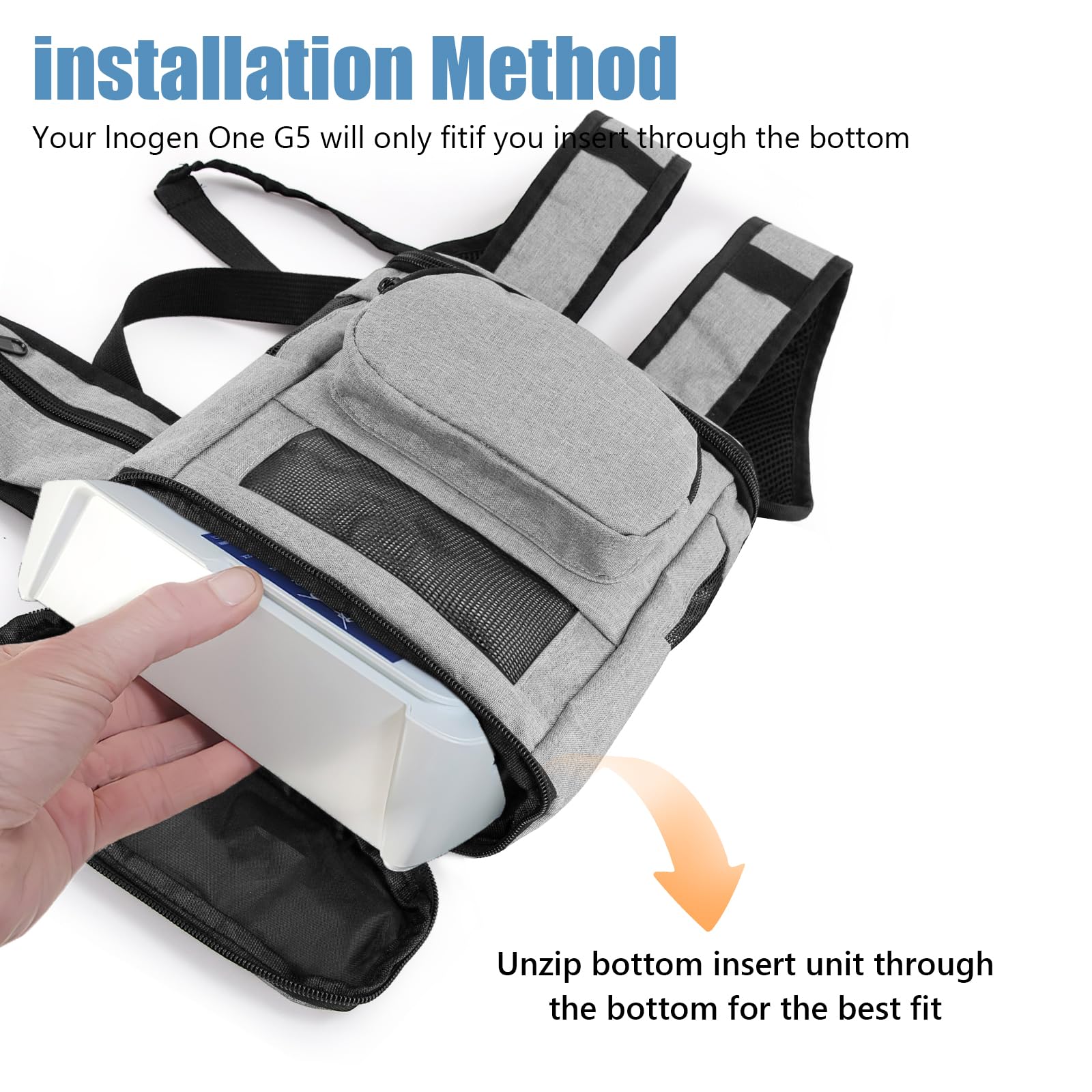 AJFHKJ G5 oxygen backpack zippered bottom for organized storage of accessories.