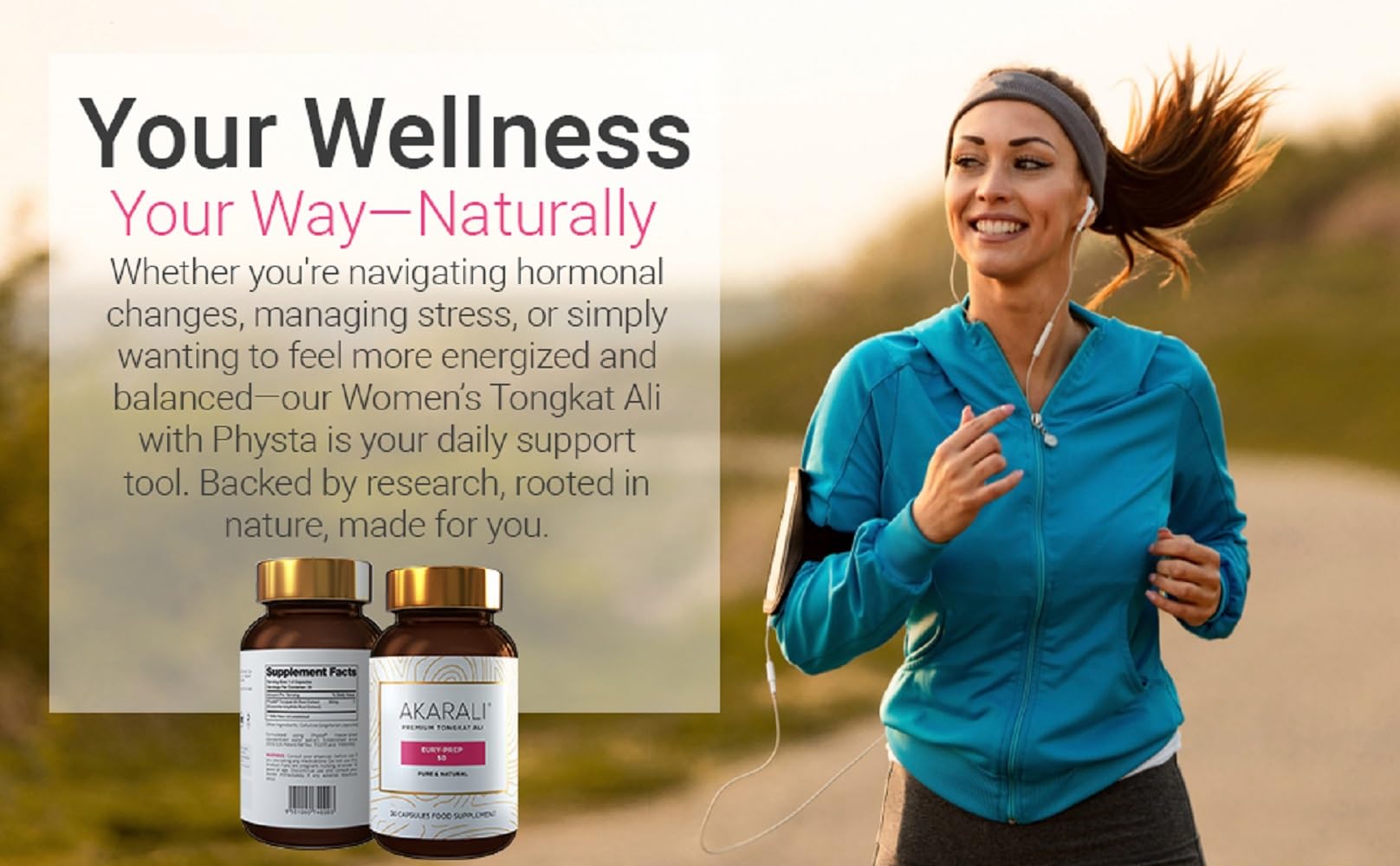 AKARALI Tongkat Ali capsules beside a daily routine timer