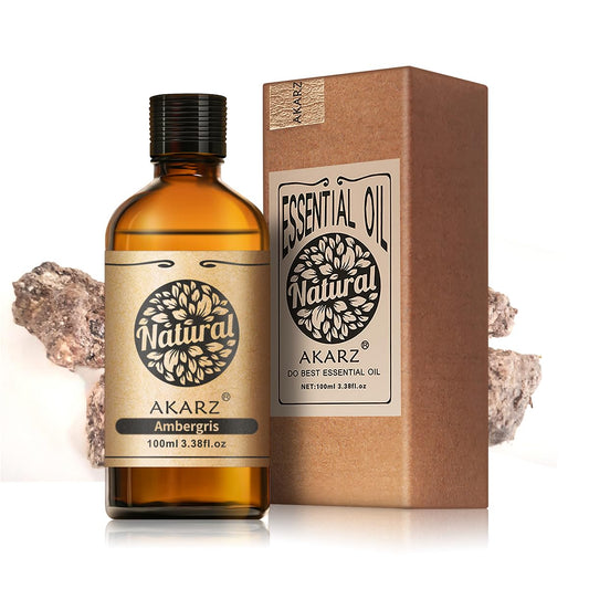 AKARZ ambergris essential oil in a 100ml bottle for aromatherapy and home relaxation.
