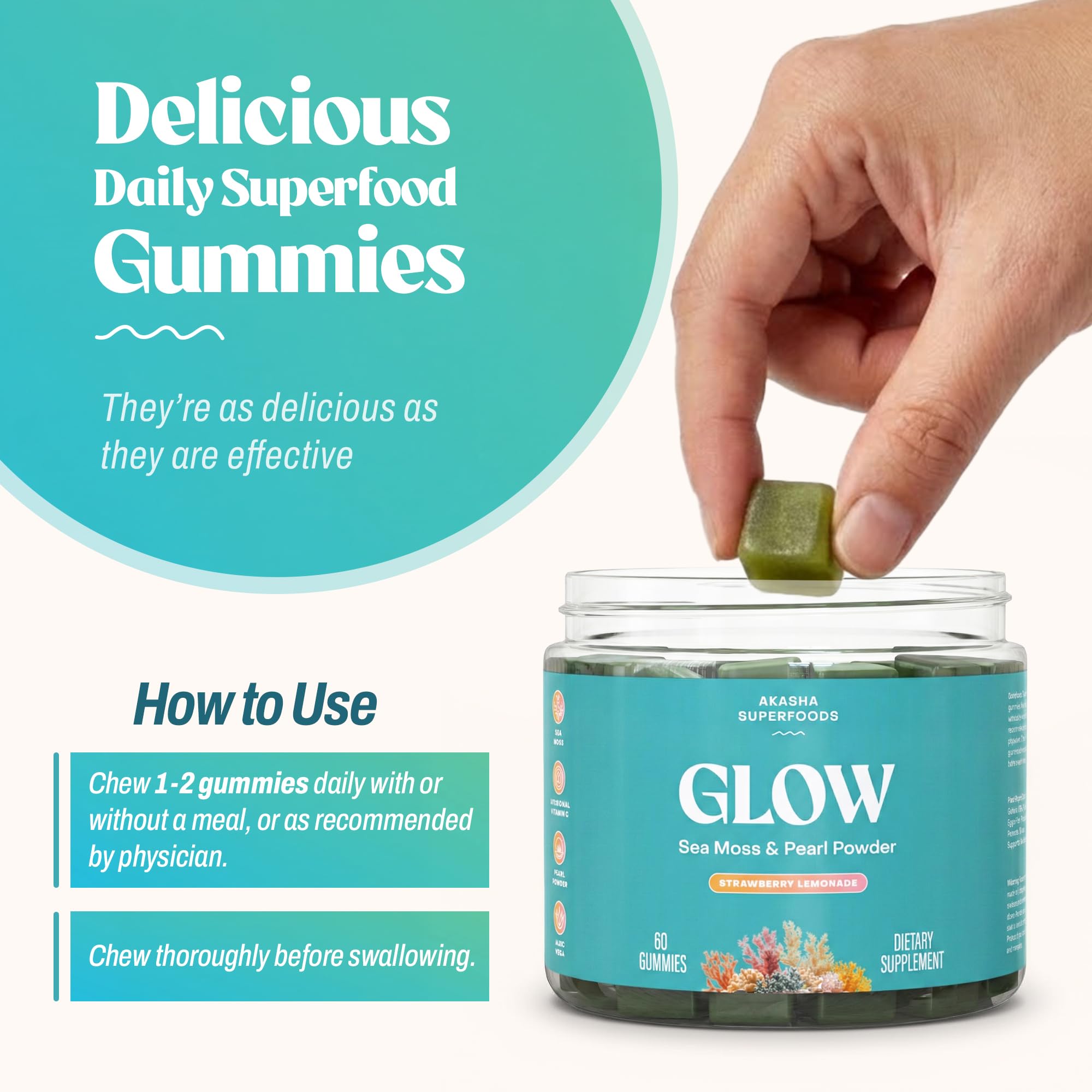 Akasha Sea Moss Glow Gummies with Pearl Powder ingredients shown