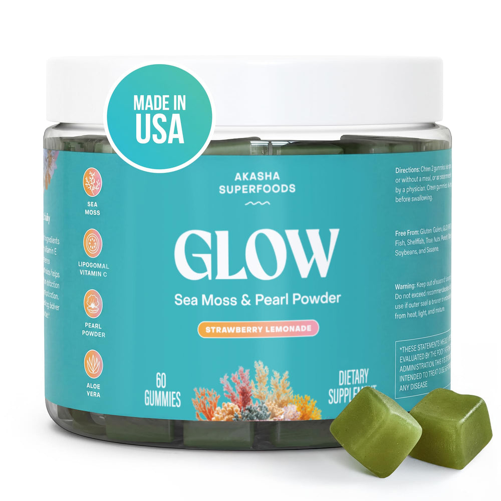 Akasha Sea Moss Glow Gummies bottle shown for daily wellness routine