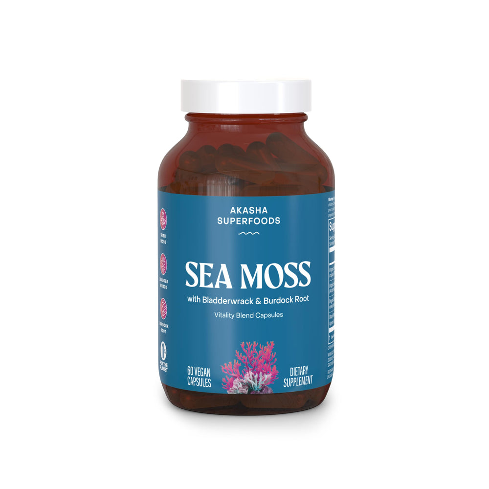 Akasha Superfoods Sea Moss Capsules bottle front for daily vitality.