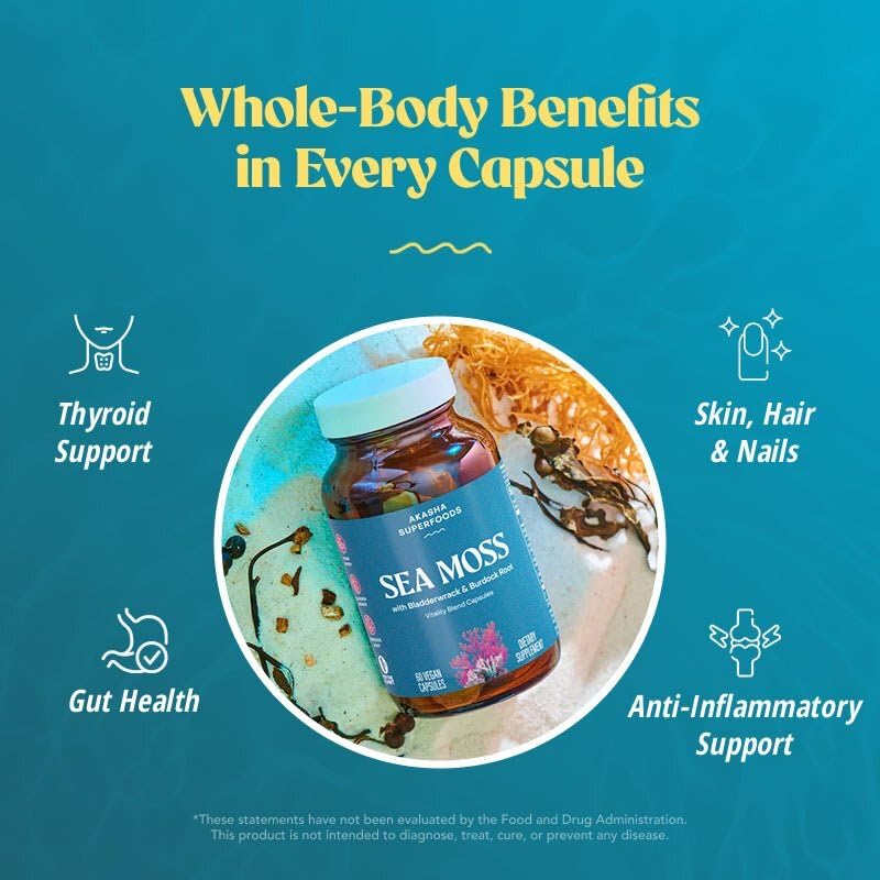 Morning routine shot featuring Akasha Sea Moss Capsules for convenient daily use.