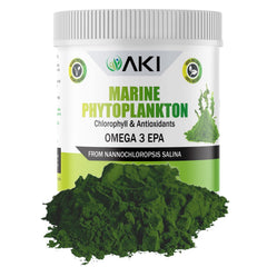 AKI Organic Marine Phytoplankton Powder bottle shown for easy daily Omega-3 boosting