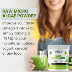 AKI Organic Marine Phytoplankton Powder label highlighting vegan and non-GMO attributes