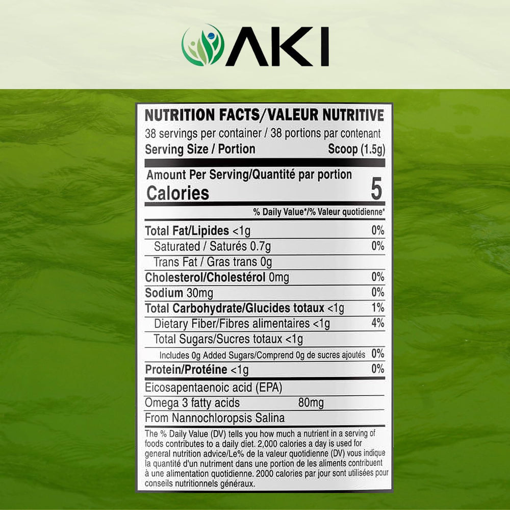 AKI Organic Marine Phytoplankton Powder scoop illustrating quick serving for smoothies