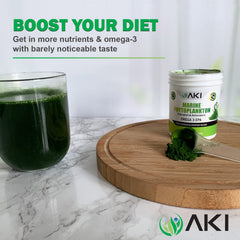 AKI Organic Marine Phytoplankton Powder sprinkled on yogurt for nutrient-rich mornings