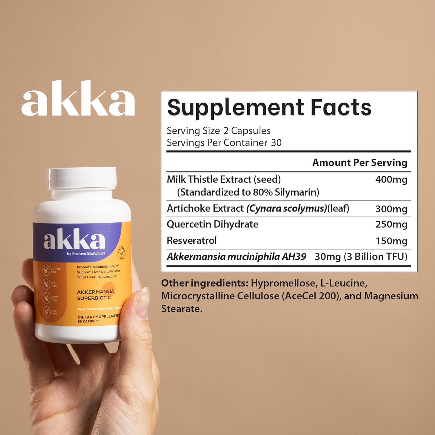AKKA Liver Detox bottle back-label highlights gluten-free ingredients for sensitive users.
