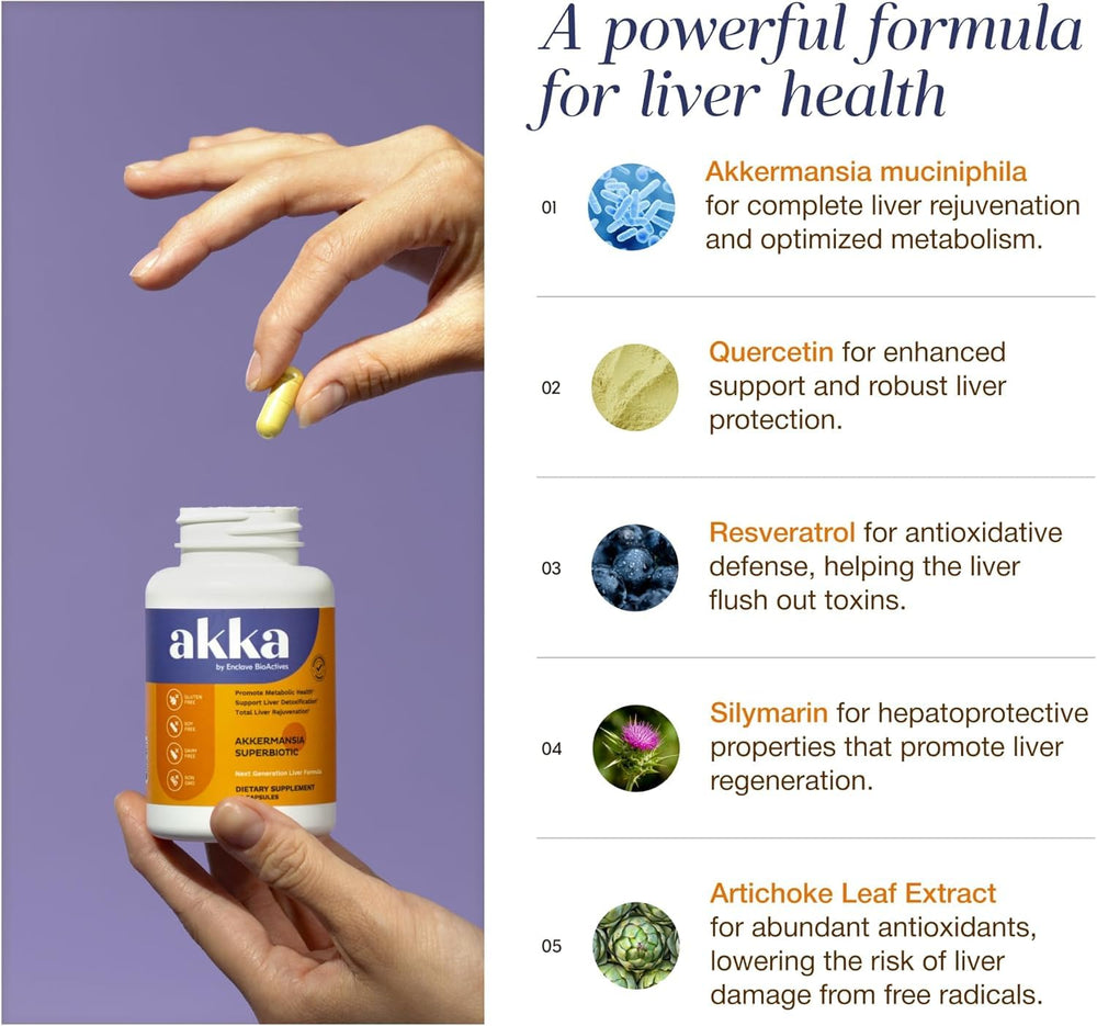 AKKA Liver Detox ingredients visual highlights bioavailable Akkermansia and key extracts.