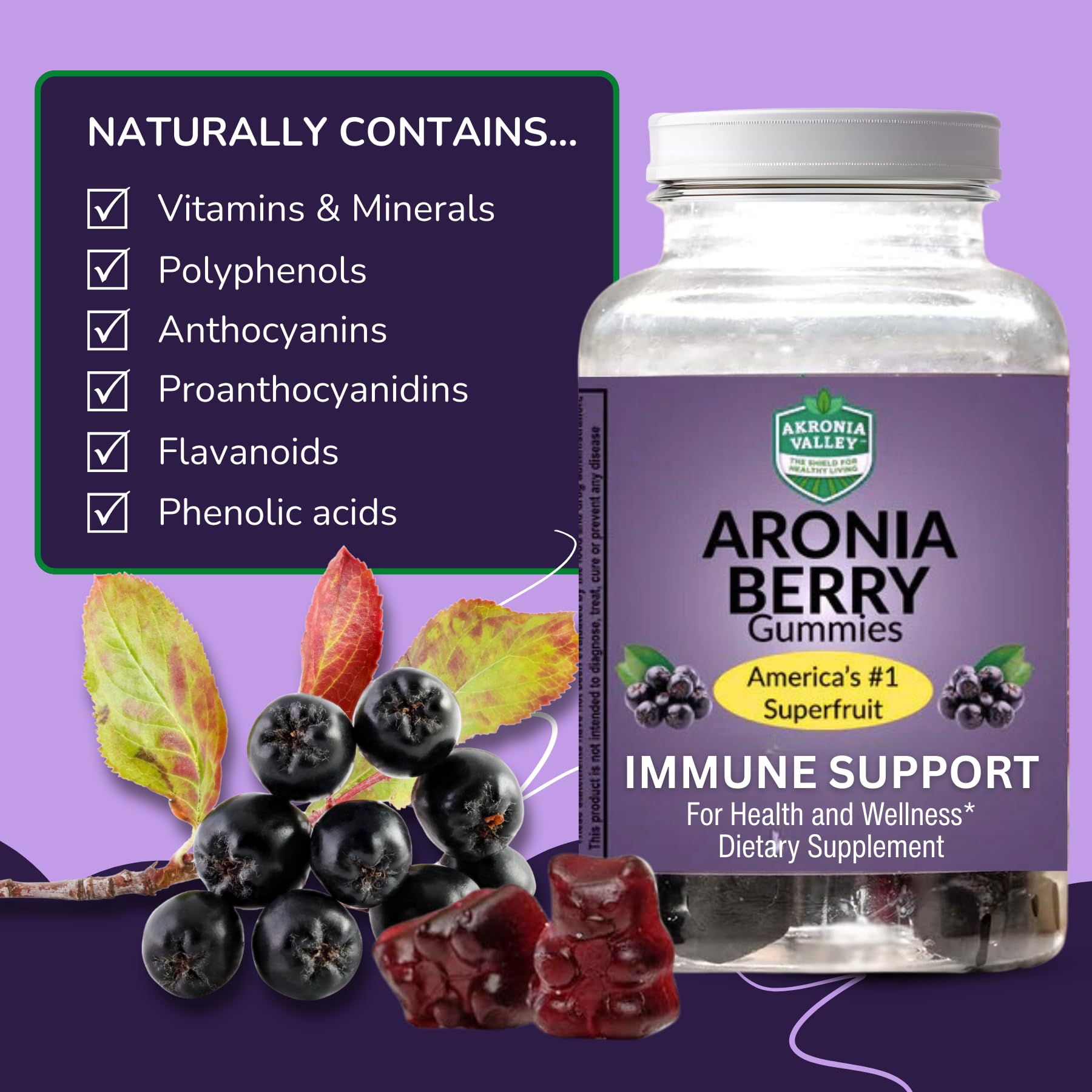 Akronia Valley Aronia Berry Gummies label highlights USA-made and family-farm origins