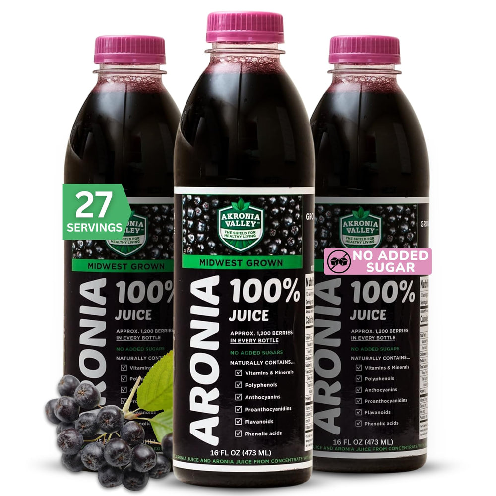 Akronia Valley Aronia juice bottle showing 100% pure aronia with antioxidant-rich profile.