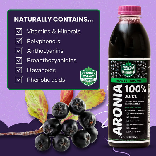 Akronia Valley Aronia juice pouring into glass, hinting at natural flavor for smoothies.