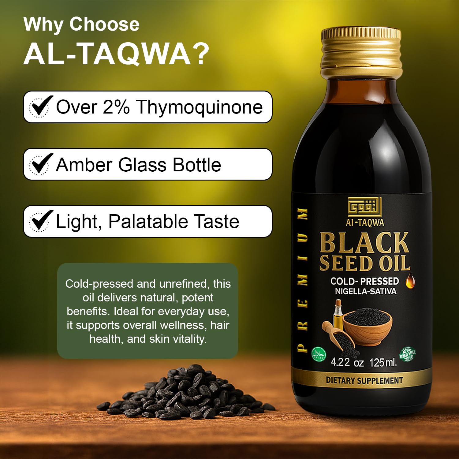 AL-TAQWA black seed oil in bottle with glass background, natural wellness