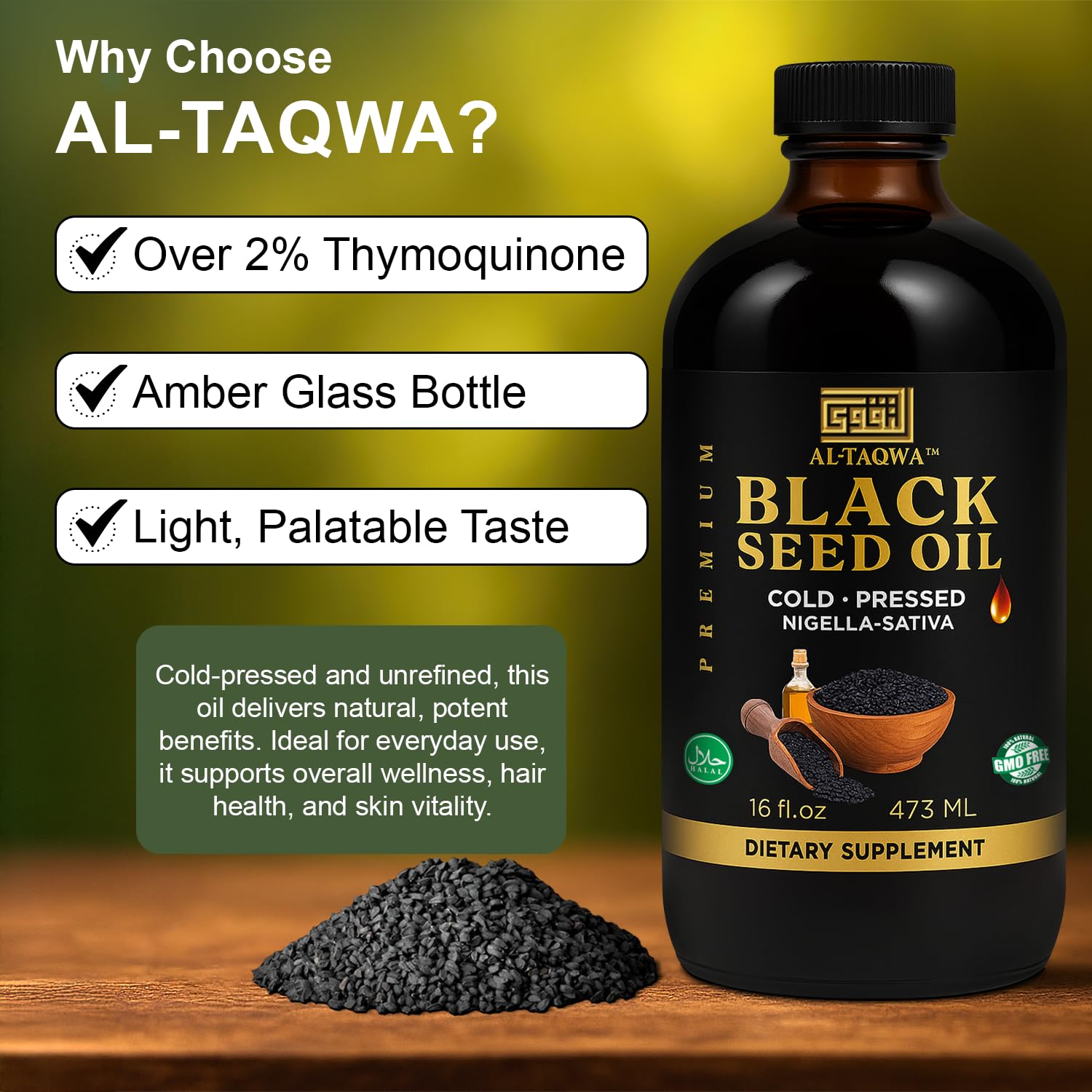 AL-TAQWA Black Seed Oil daily-use setup supports skin and hair.