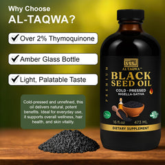 AL-TAQWA Black Seed Oil daily-use setup supports skin and hair.