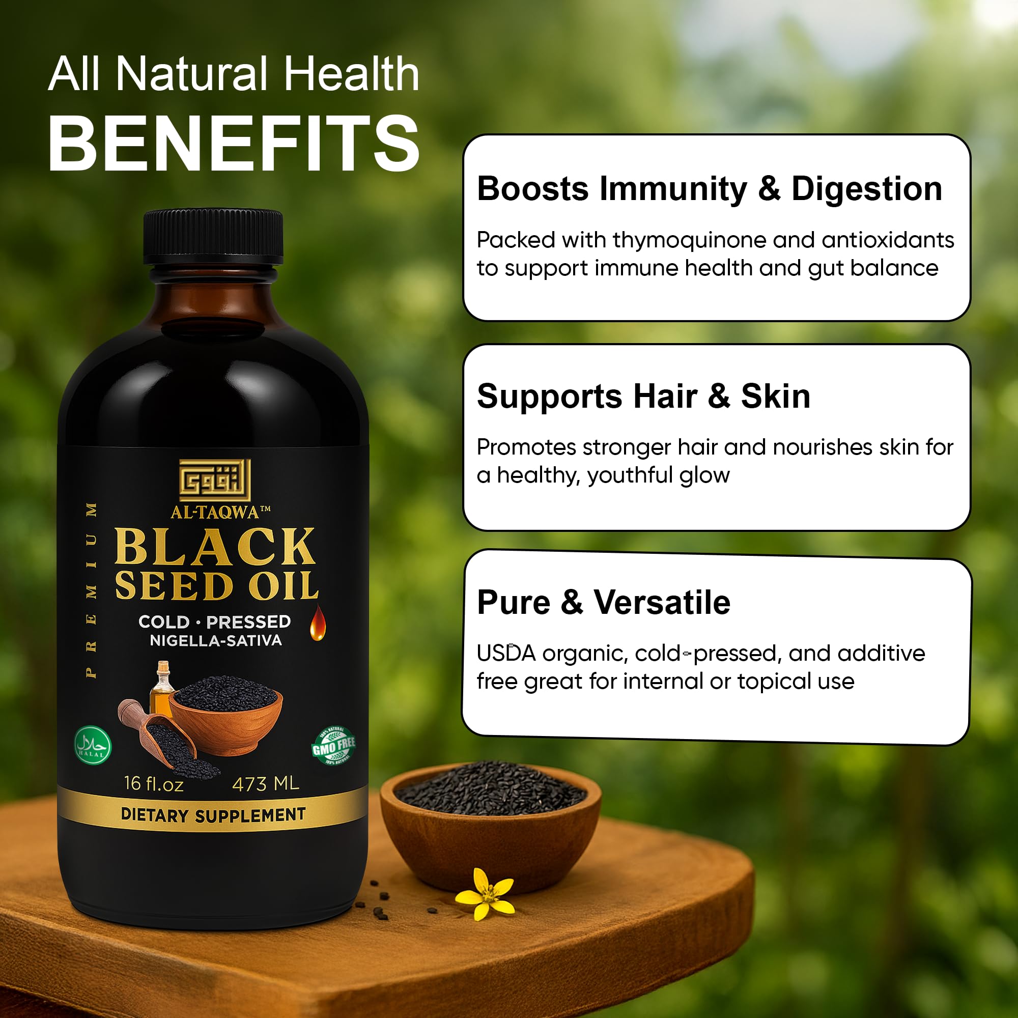 AL-TAQWA Black Seed Oil dropper enables precise dosage.