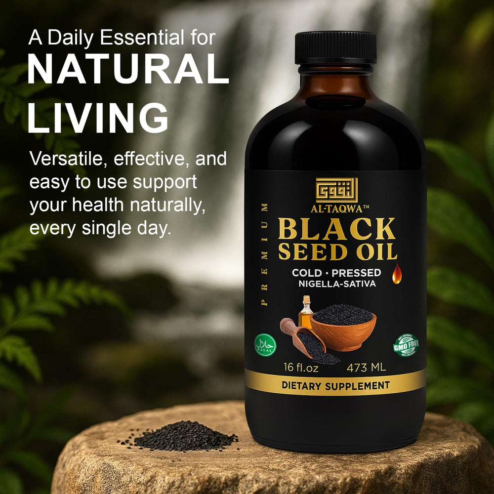 AL-TAQWA Black Seed Oil label highlights organic, cold-pressed quality.