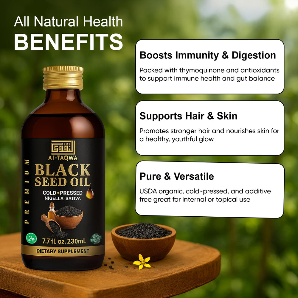 AL-TAQWA Black Seed Oil liquid gold ready for topical or internal use.