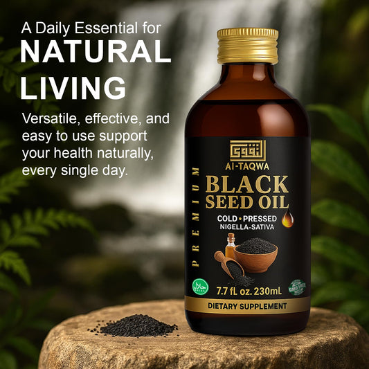 AL-TAQWA Black Seed Oil pouring action for easy daily use in routines.