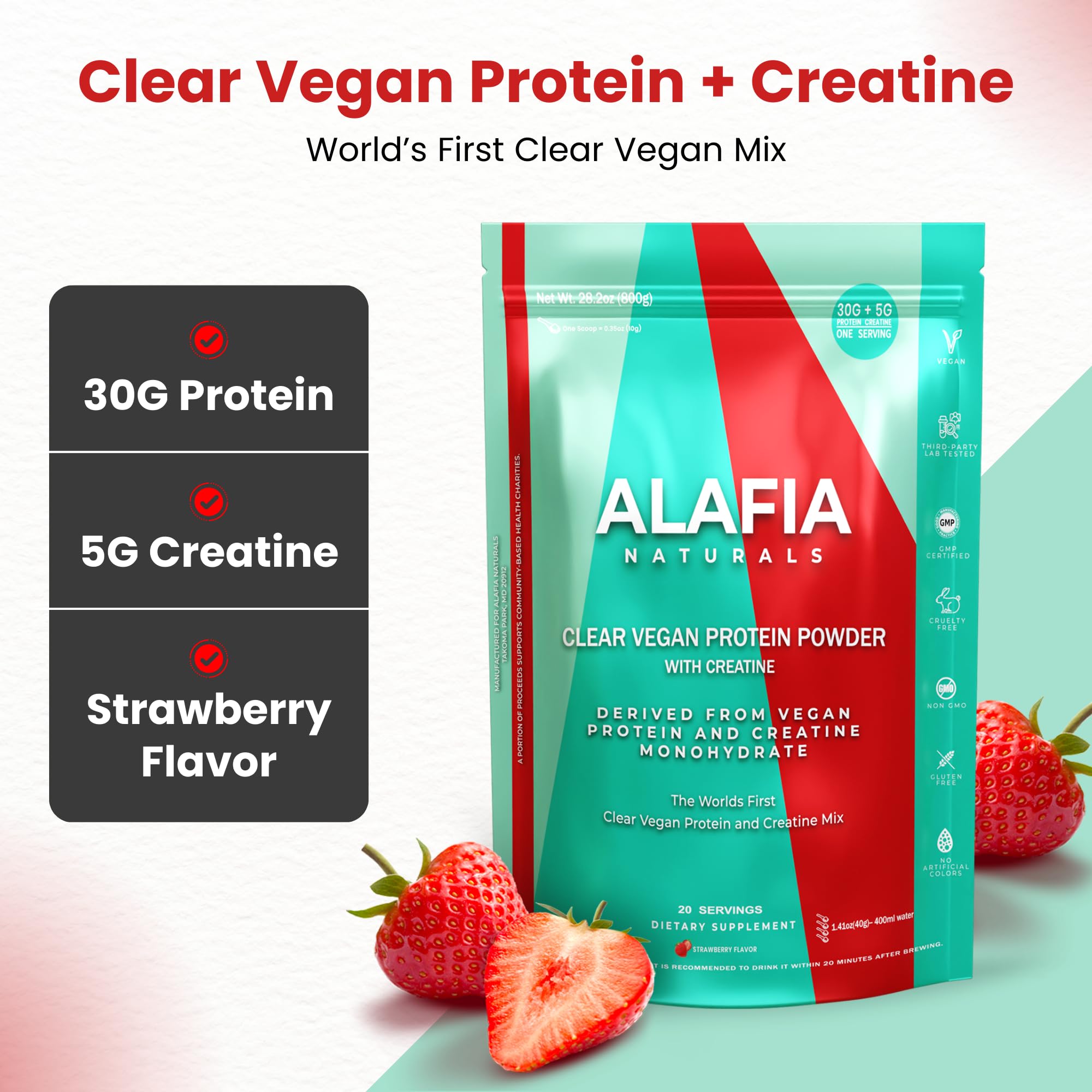 Alafia Naturals clear vegan protein being poured into glass for fruity refreshment after workouts