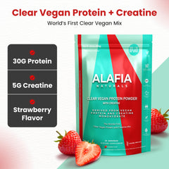 Alafia Naturals clear vegan protein being poured into glass for fruity refreshment after workouts