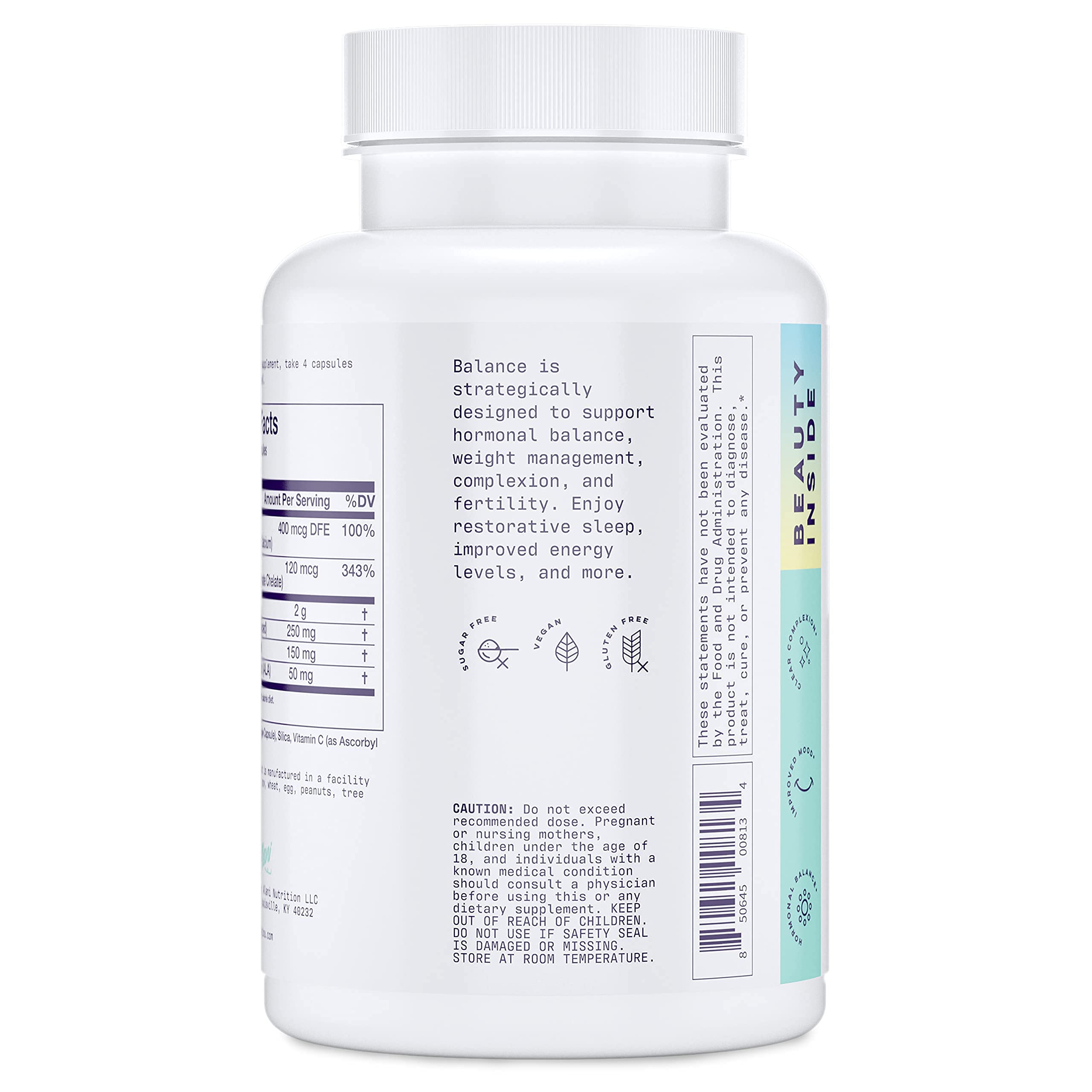Alani Nu Balance bottle-cap close-up highlights easy-to-swallow capsules for daily use.