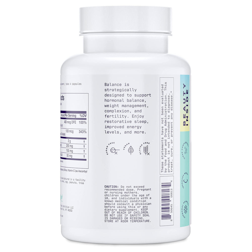 Alani Nu Balance bottle-cap close-up highlights easy-to-swallow capsules for daily use.