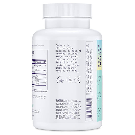 Alani Nu Balance bottle-cap close-up highlights easy-to-swallow capsules for daily use.