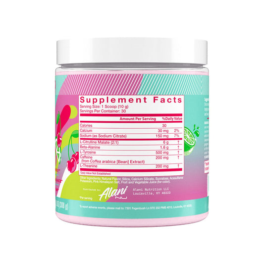Alani Nu Cherry Twist powder with scoop ready for workouts.