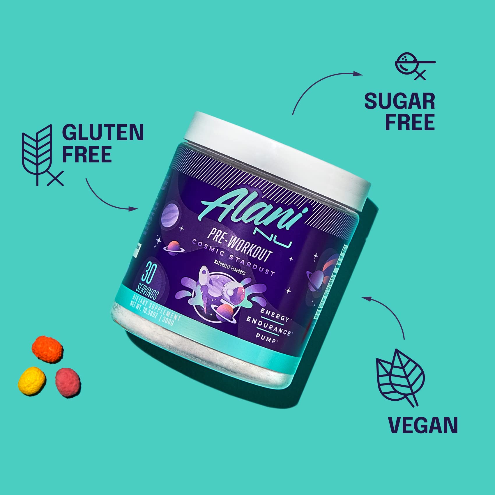 Alani Nu Cosmic Stardust nutrition label displaying 200 mg caffeine and amino blend