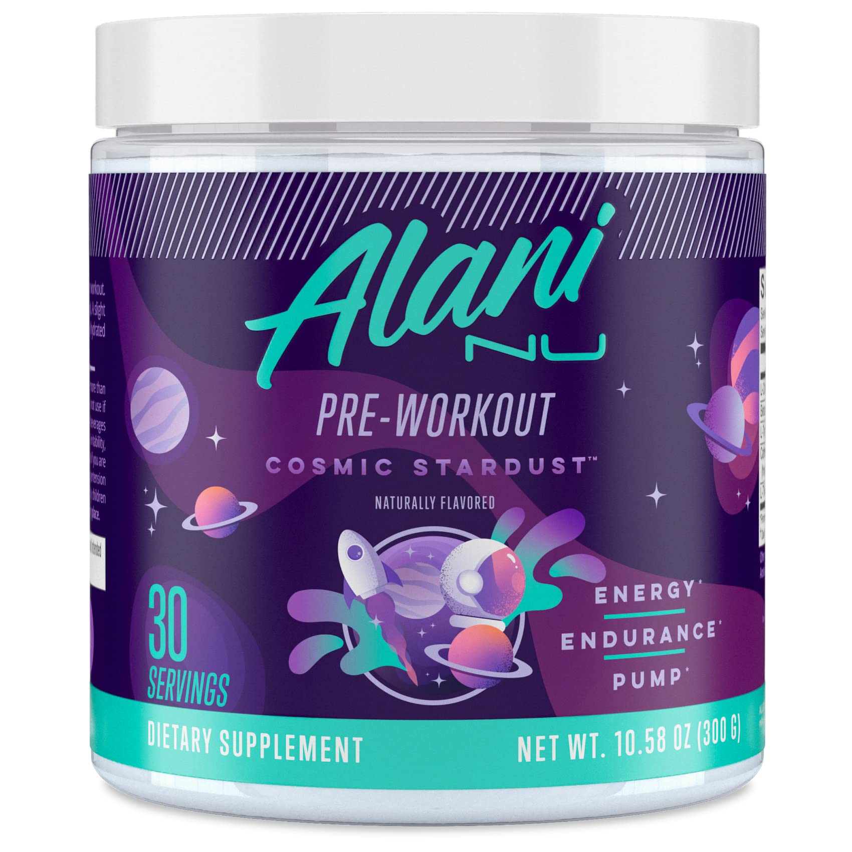 Alani Nu Cosmic Stardust pre-workout powder being dispensed for a quick energy boost