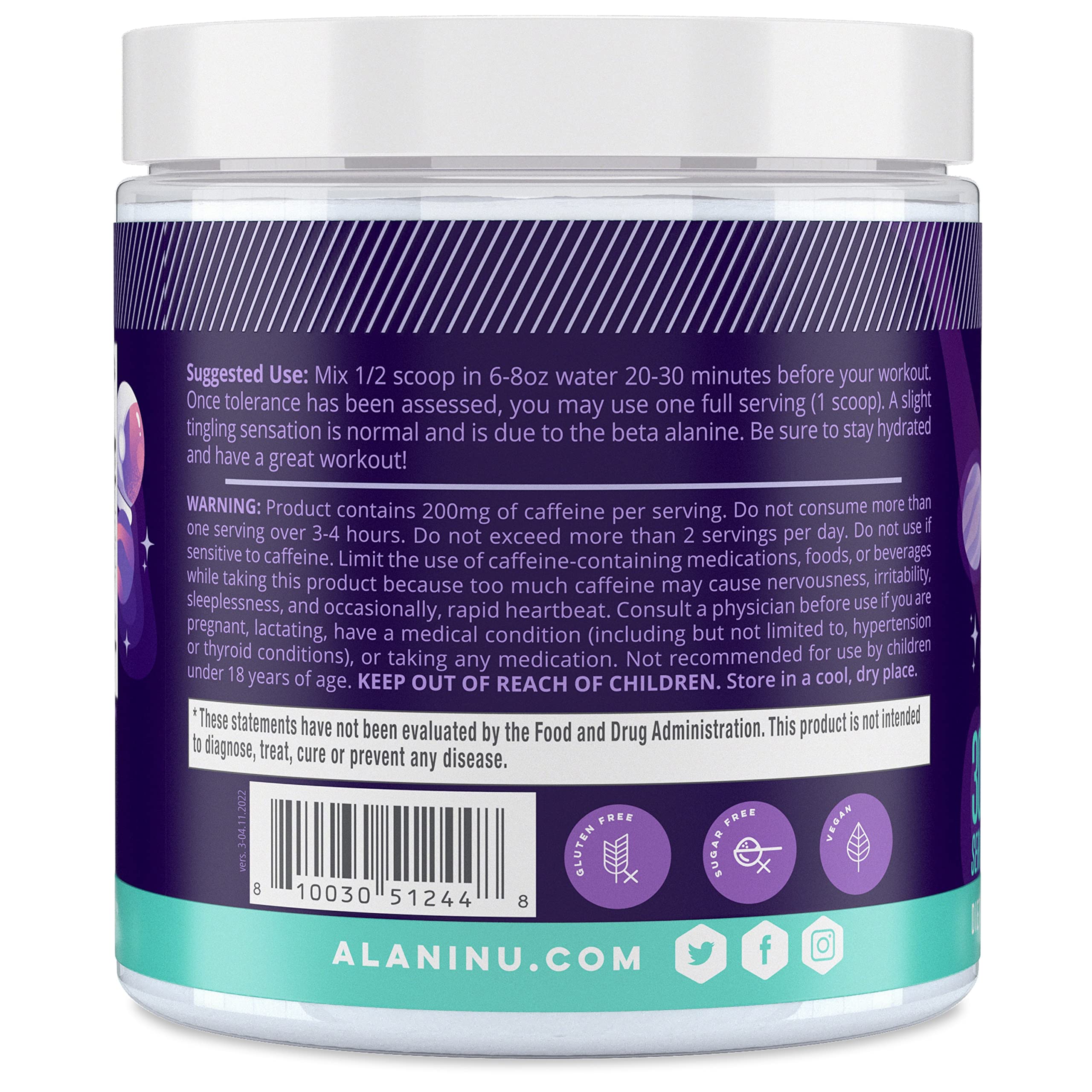 Alani Nu Cosmic Stardust tub front highlighting vegan and sugar-free formula