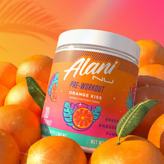 Gym bench scene with Alani Nu Orange Kiss pre-workout ready for action.