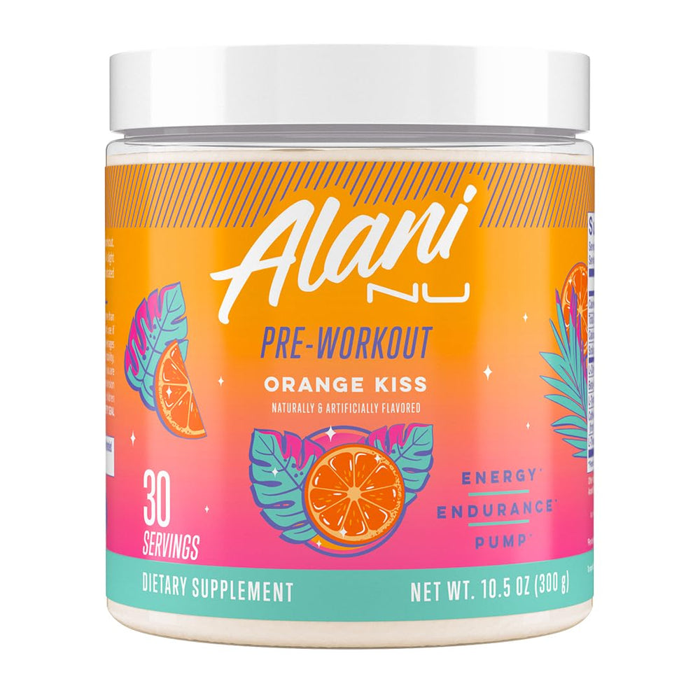 Alani Nu Orange Kiss pre-workout tub front view signaling sustained energy for workouts.