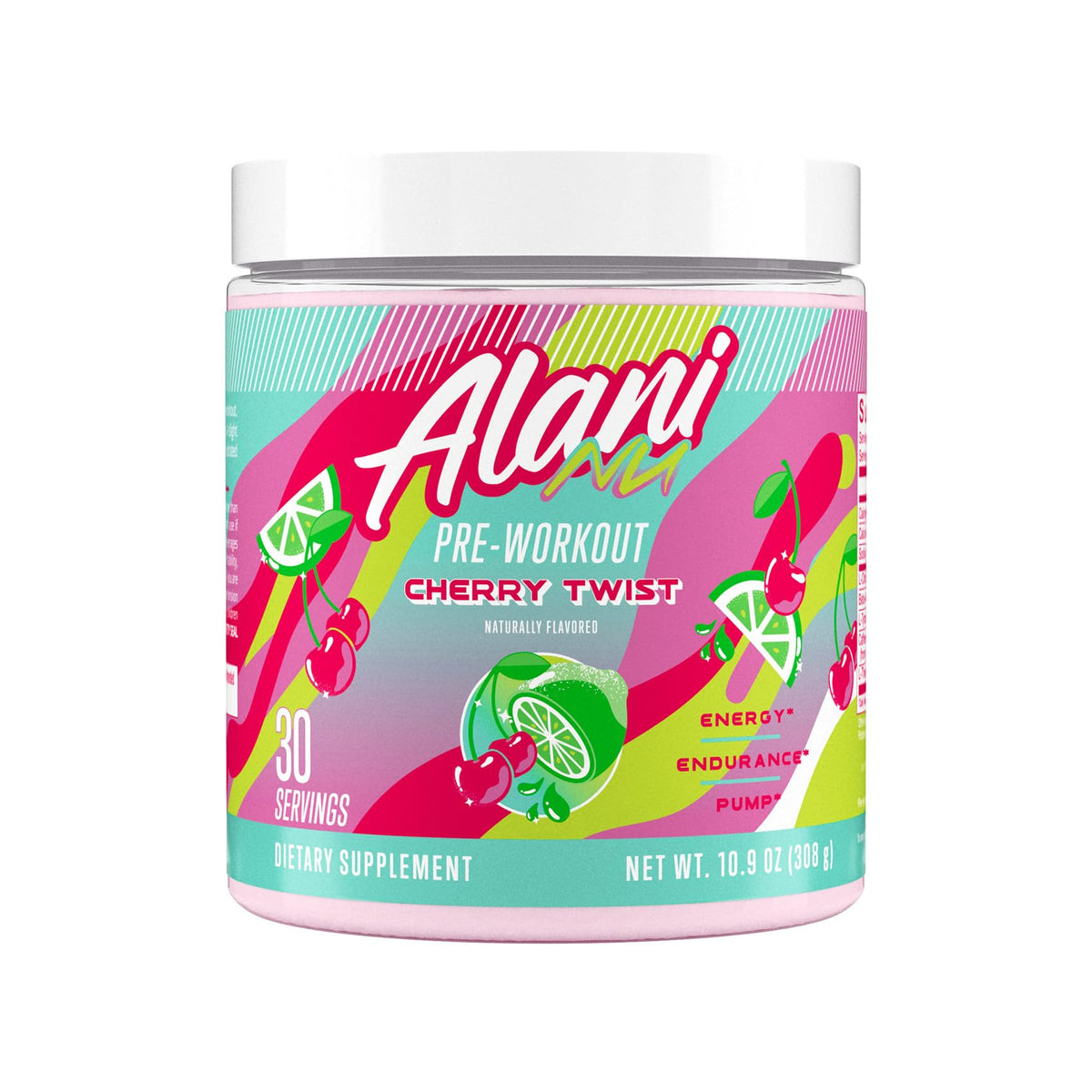 Alani Nu Pre Workout Cherry Twist tub for focused training sessions.