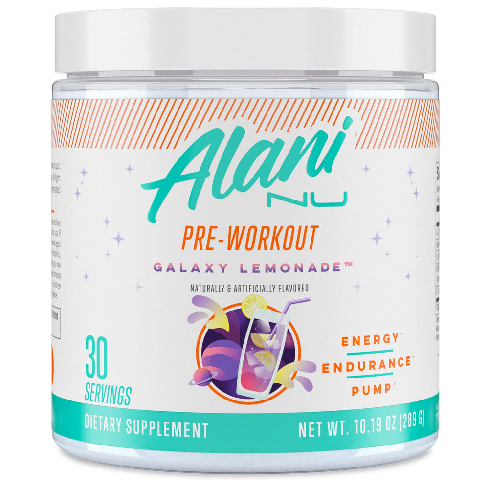 Alani Nu GLAXAY Lemonade pre-workout bottle showing sugar-free energy for workouts