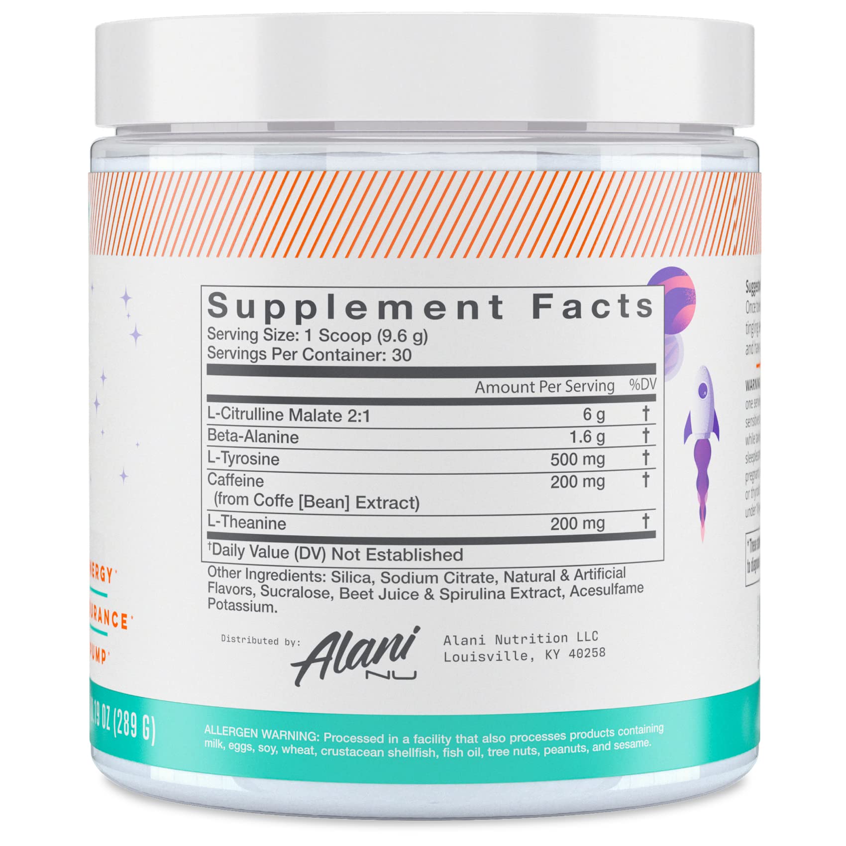 Alani Nu GLAXAY Lemonade powder highlights 200mg caffeine for steady energy