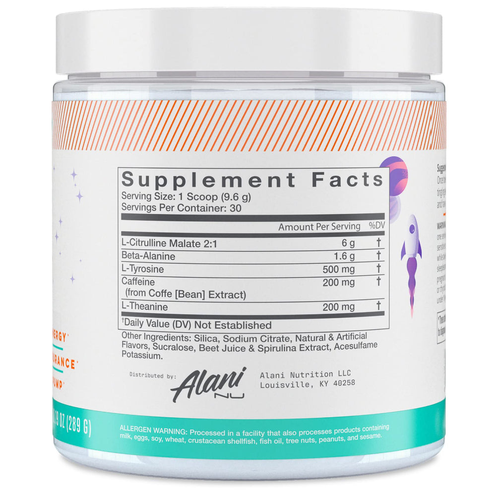 Alani Nu GLAXAY Lemonade powder highlights 200mg caffeine for steady energy