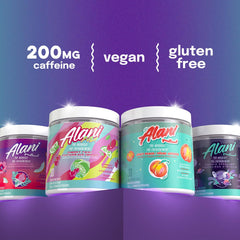 Alani Nu Pre-Workout Juicy Peach bottle side highlights caffeine and amino blend.
