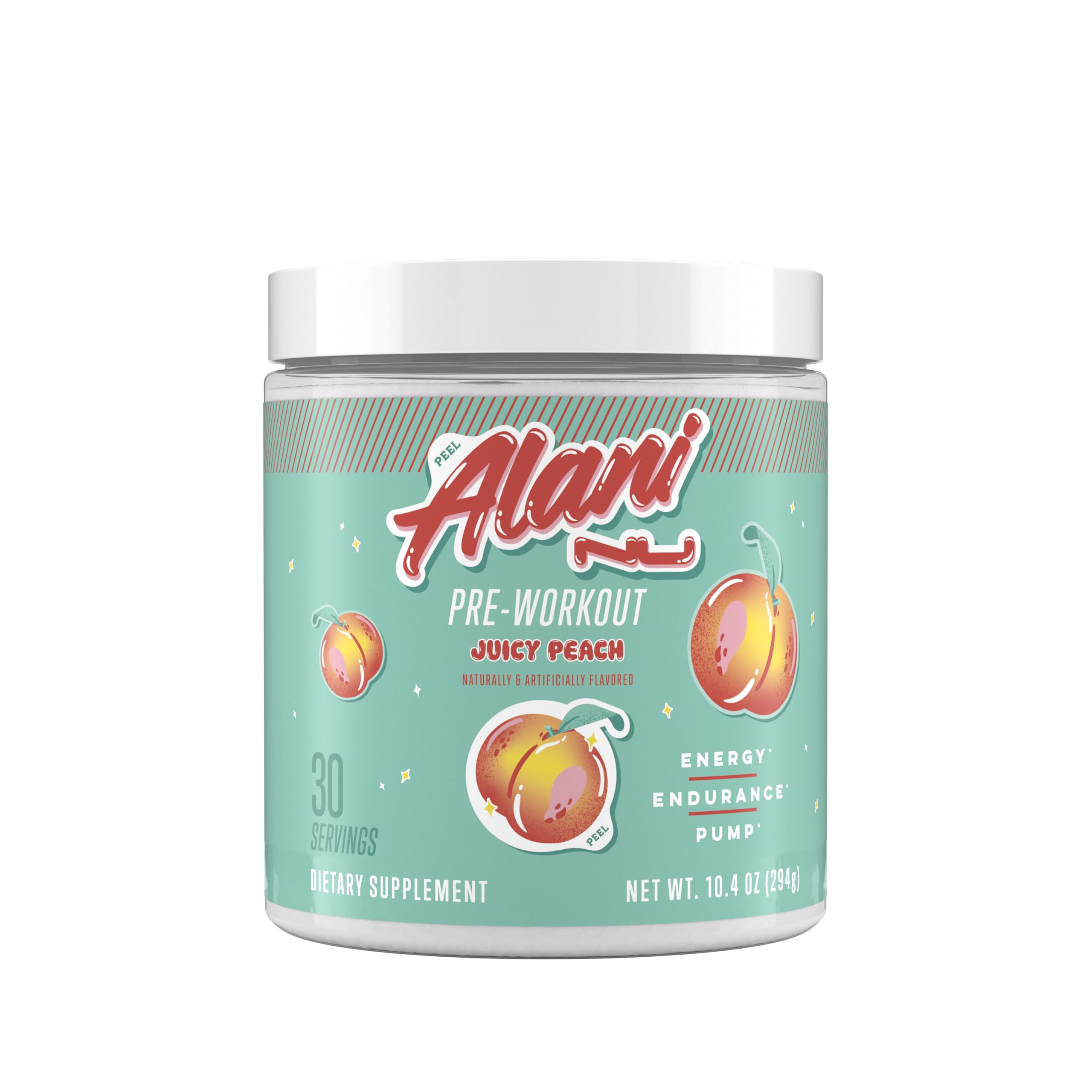 Alani Nu Pre-Workout Juicy Peach jar front for a clean energy boost.