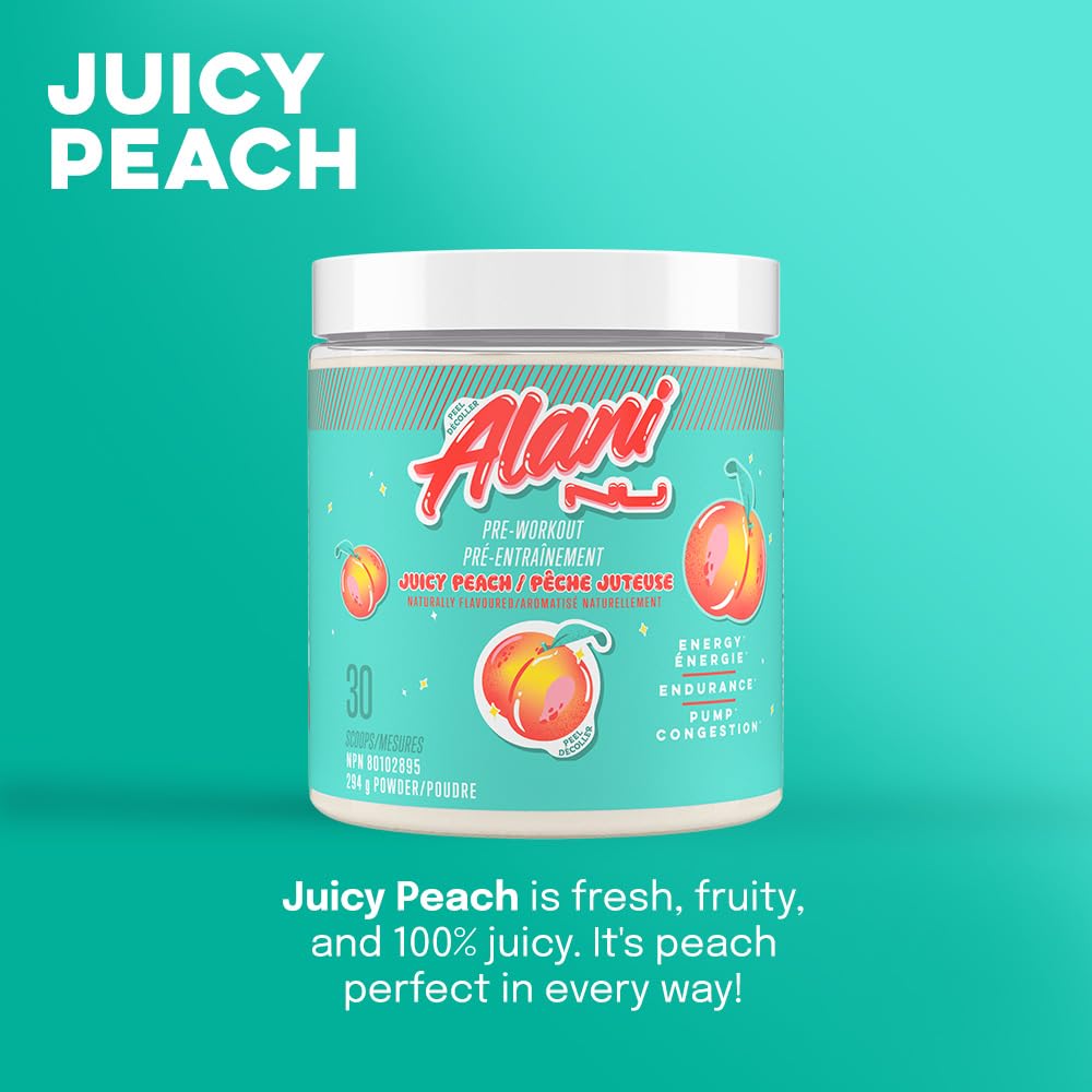 Alani Nu Pre-Workout Juicy Peach mixed in glass shows sugar-free formula.