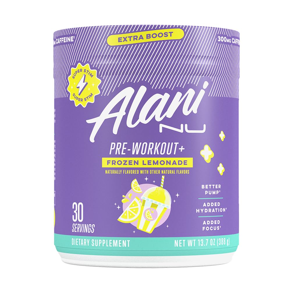 Alani Nu Pre Workout+ Frozen Lemonade tub front energizes workouts