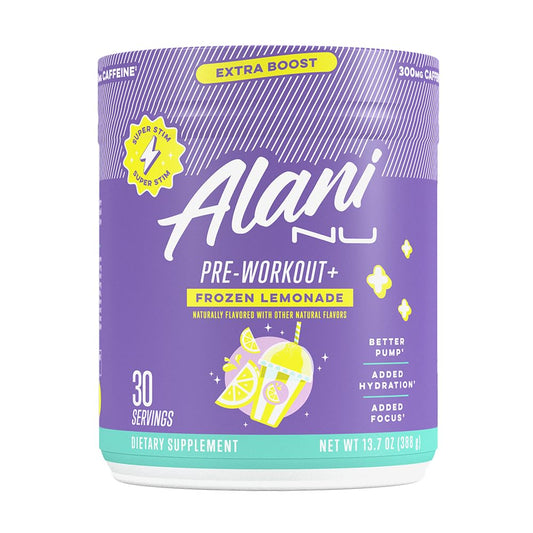 Alani Nu Pre Workout+ Frozen Lemonade tub front energizes workouts