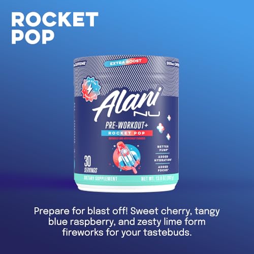 Alani Nu Pre Workout Rocket Pop ingredients label close-up for transparency.