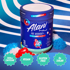 Alani Nu Pre Workout Rocket Pop serving scoop on counter ready to mix.