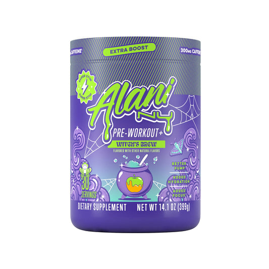 Alani Nu Pre Workout Witch's Brew bottle pour shows steady energy for training